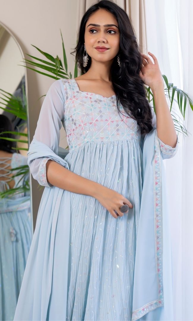 Pastel Blue Embroidered Anarkali Set