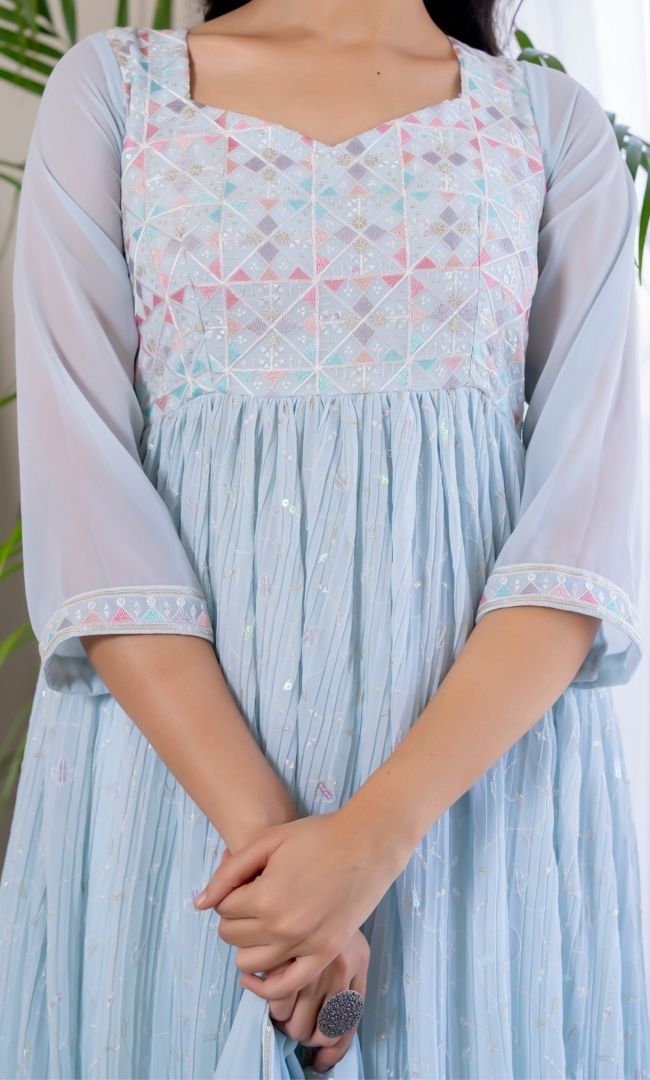 Pastel Blue Embroidered Anarkali Set