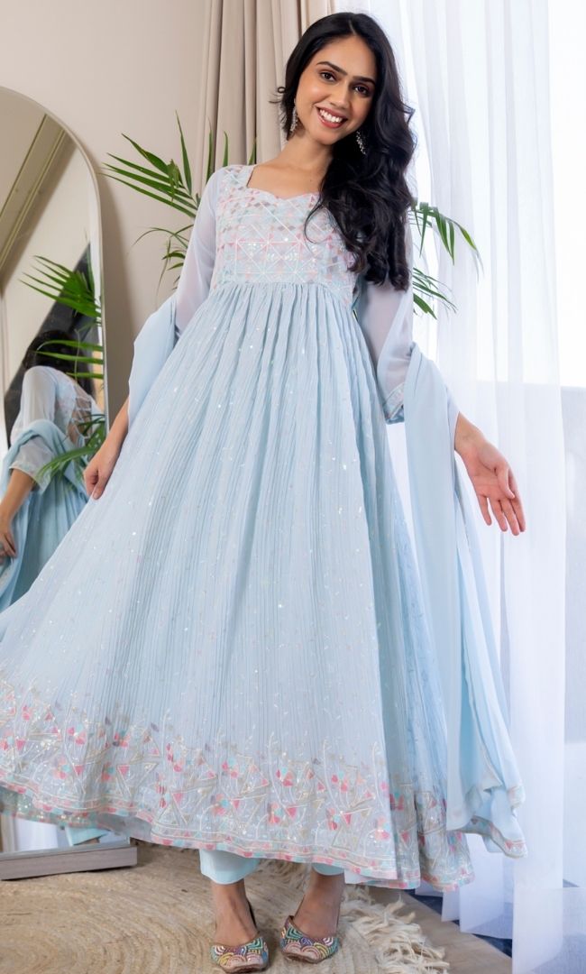 Pastel Blue Embroidered Anarkali Set
