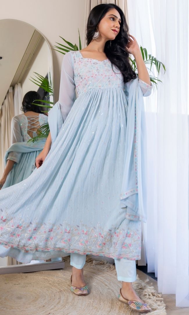 Pastel Blue Embroidered Anarkali Set