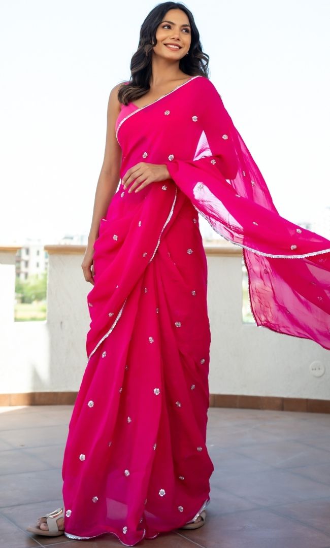 Hot Pink Cutdana Organza Saree