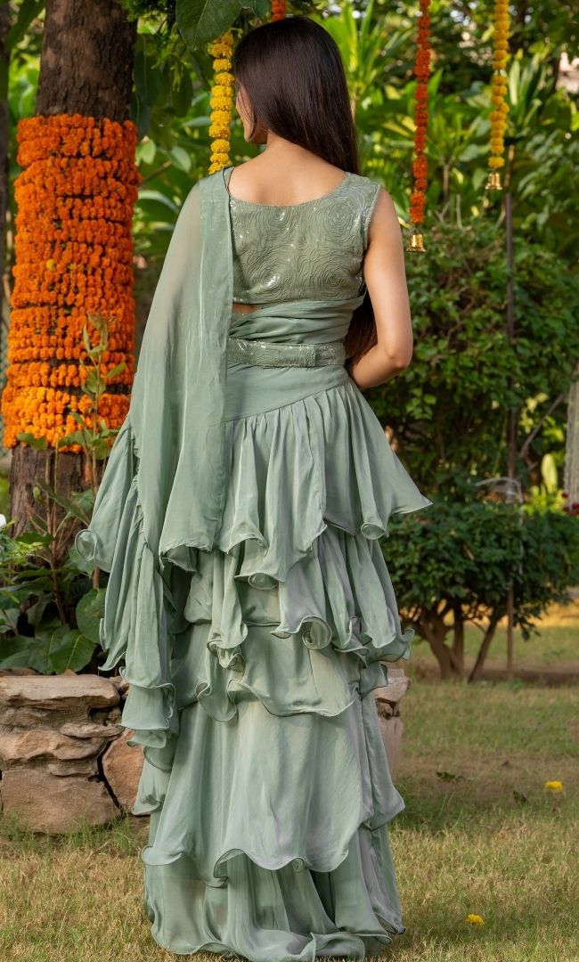 Sage Green Ruffle Saree
