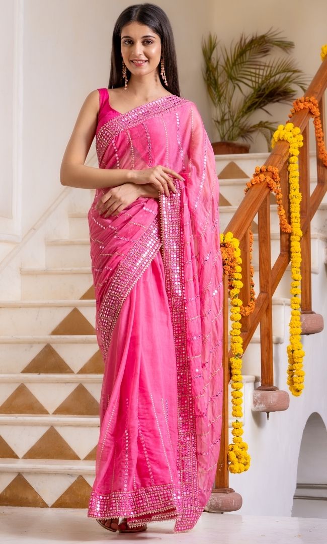 Pink Mirror Work Saree