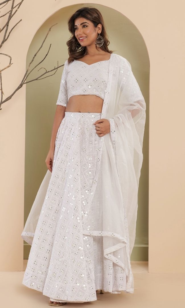 OFF White Wedding Look Mirror Work Lehenga Choli | TheIndianFab