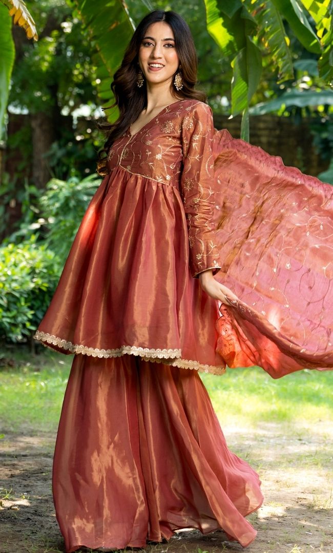 Neon Red Tissue Sharara Set