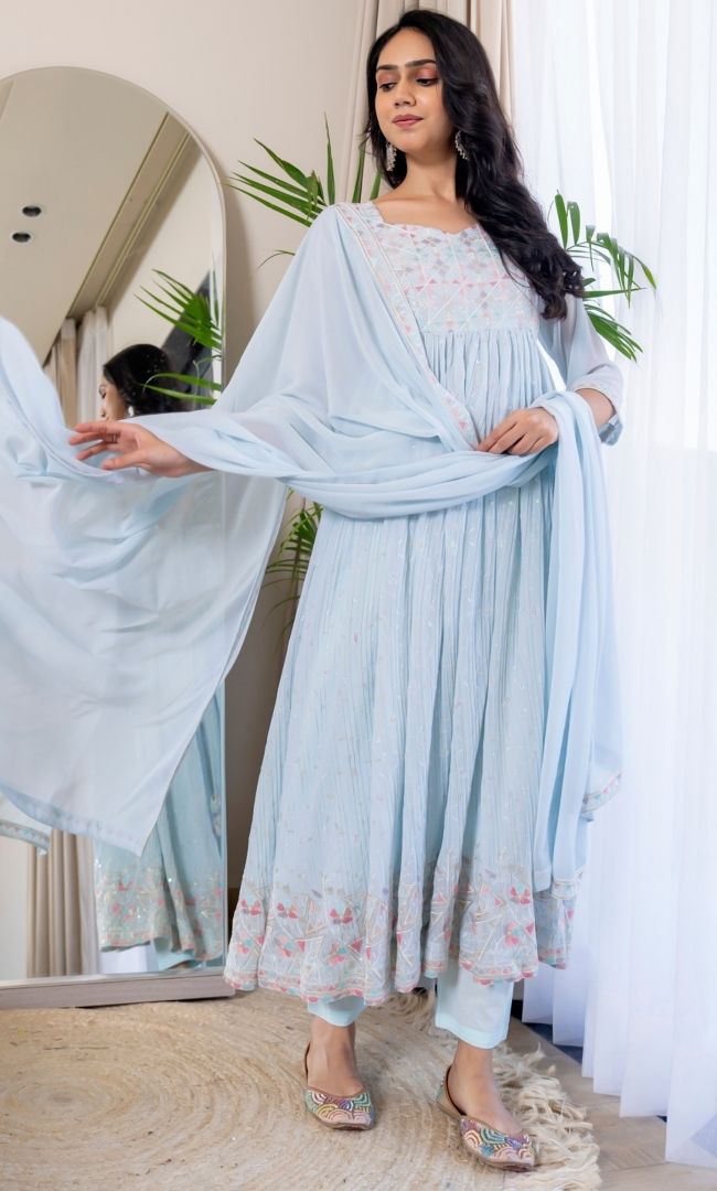 Pastel Blue Embroidered Anarkali Set