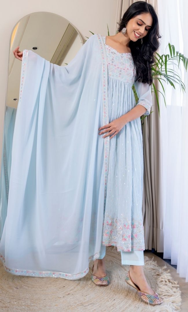 Pastel Blue Embroidered Anarkali Set