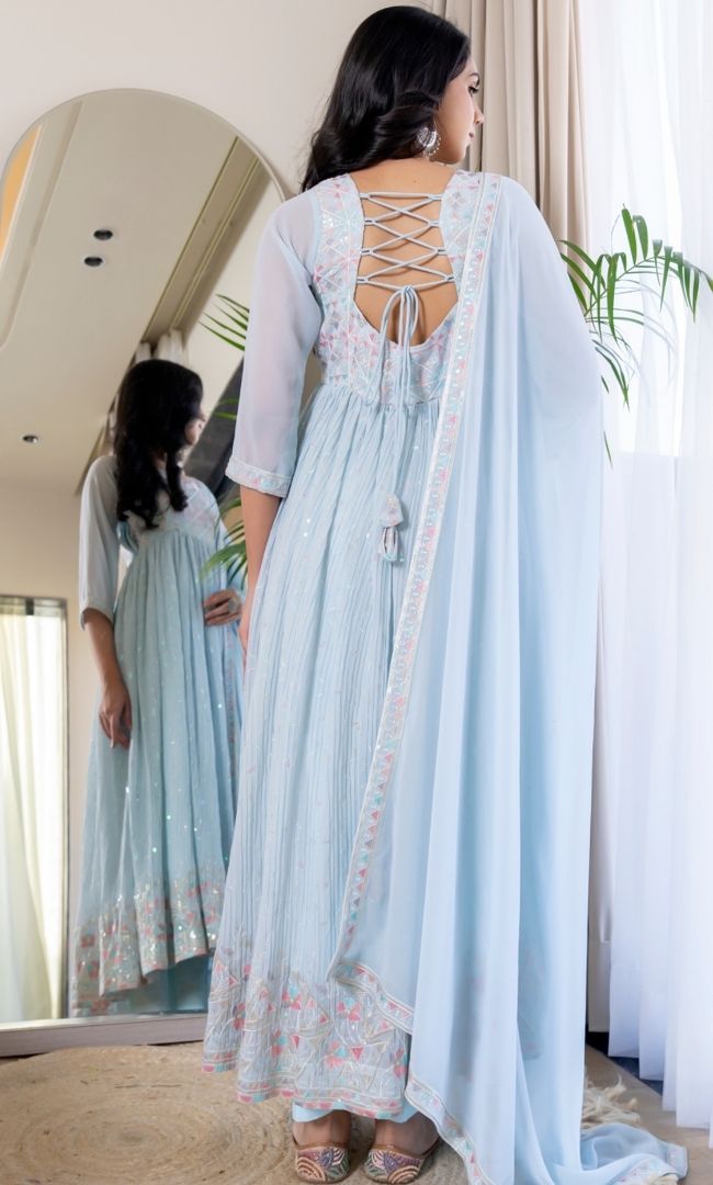 Pastel Blue Embroidered Anarkali Set