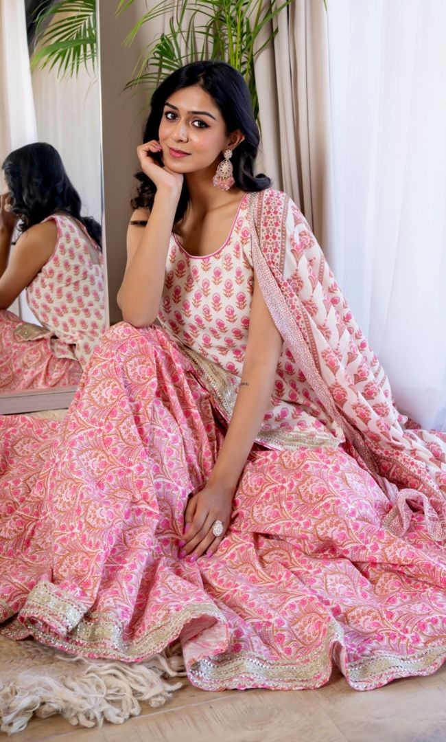 Pink Block Print Kurta Skirt