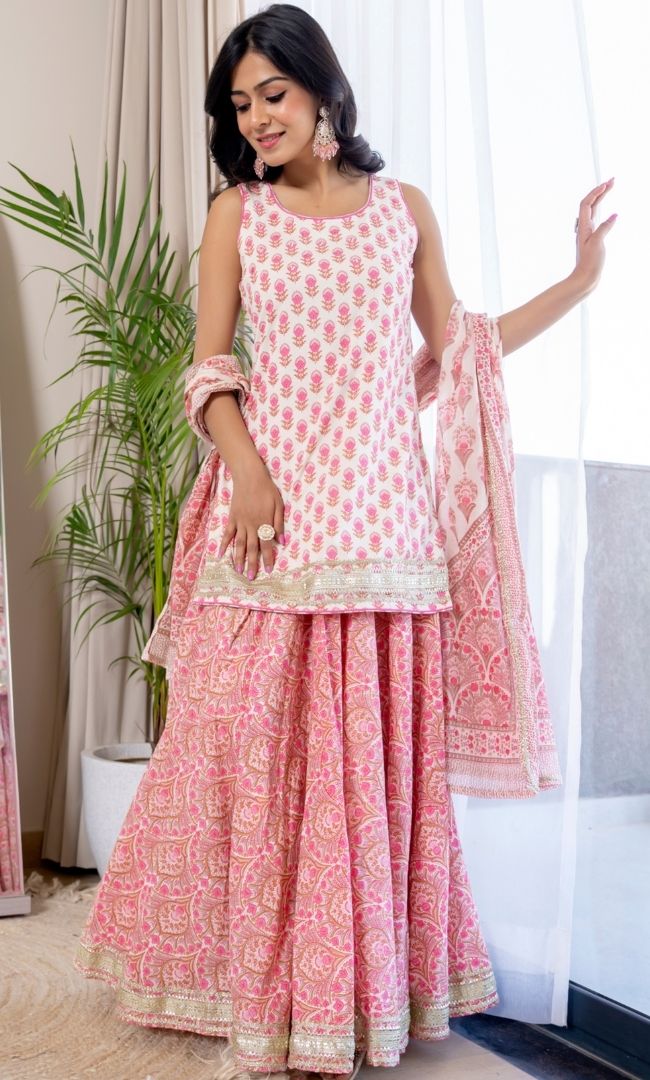 Pink Block Print Kurta Skirt