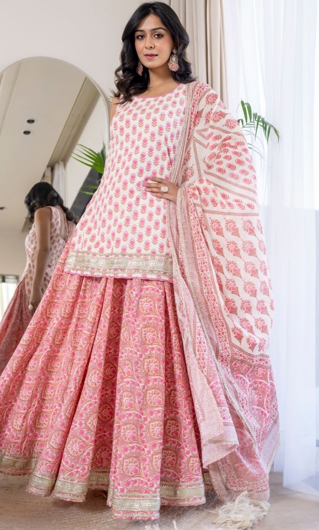 Pink Block Print Kurta Skirt