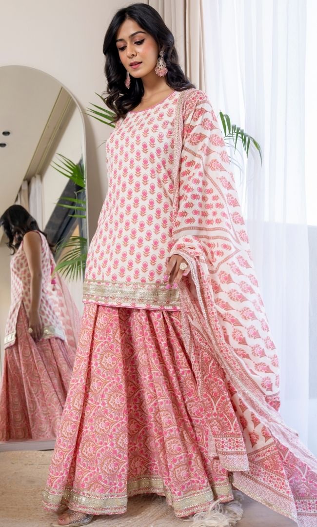Pink Block Print Kurta Skirt
