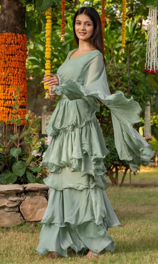 Sage Green Ruffle Saree