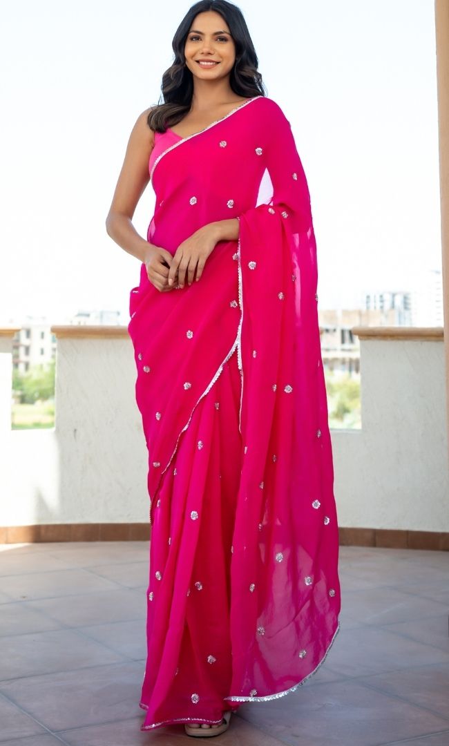Hot Pink Cutdana Organza Saree