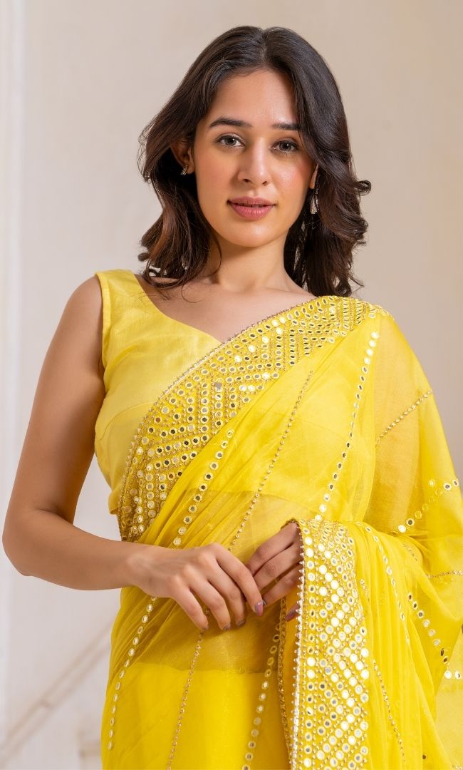 Yellow Mirror Work Saree