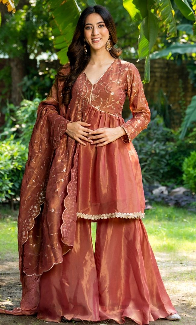 Neon Red Tissue Sharara Set