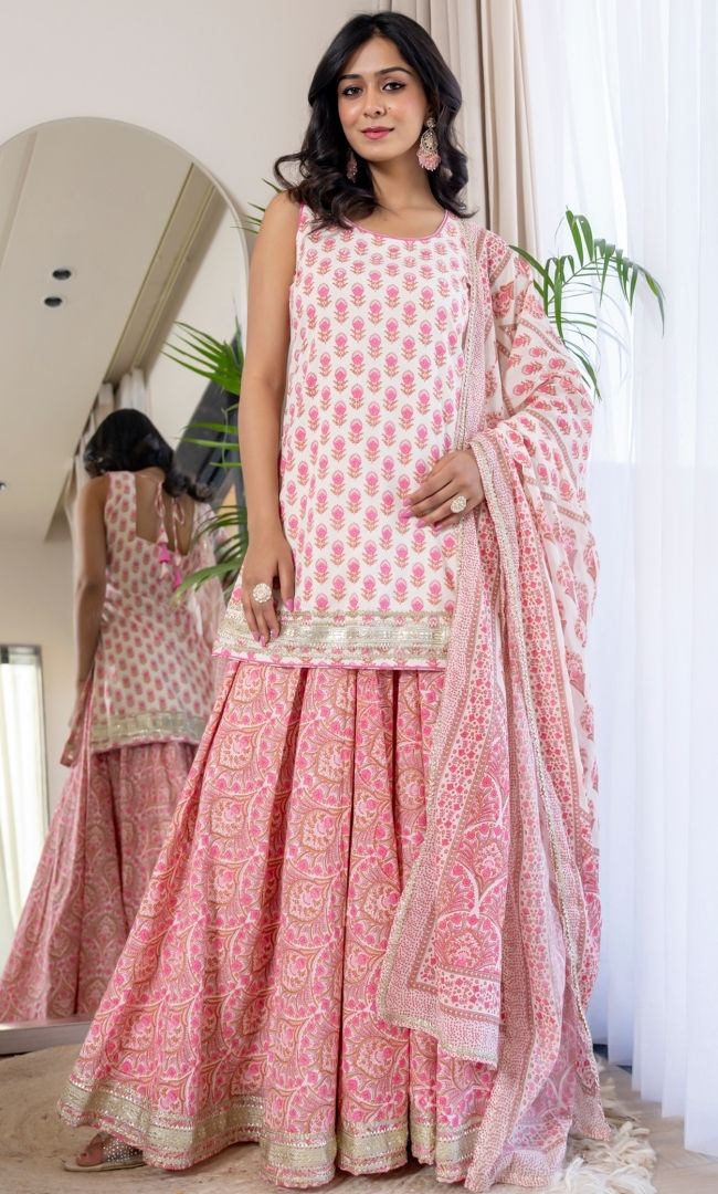 Pink Block Print Kurta Skirt
