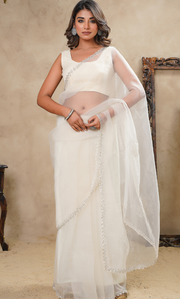 Beige Cutdana Circles With Sequence Bead Hightlight Saree