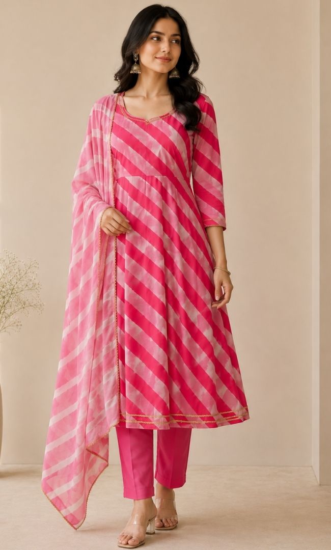 Pink Leheriya Anarkali Set