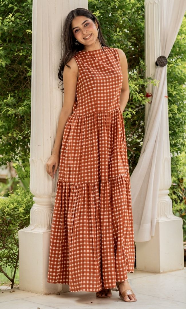Caramel Checks Cotton Dress