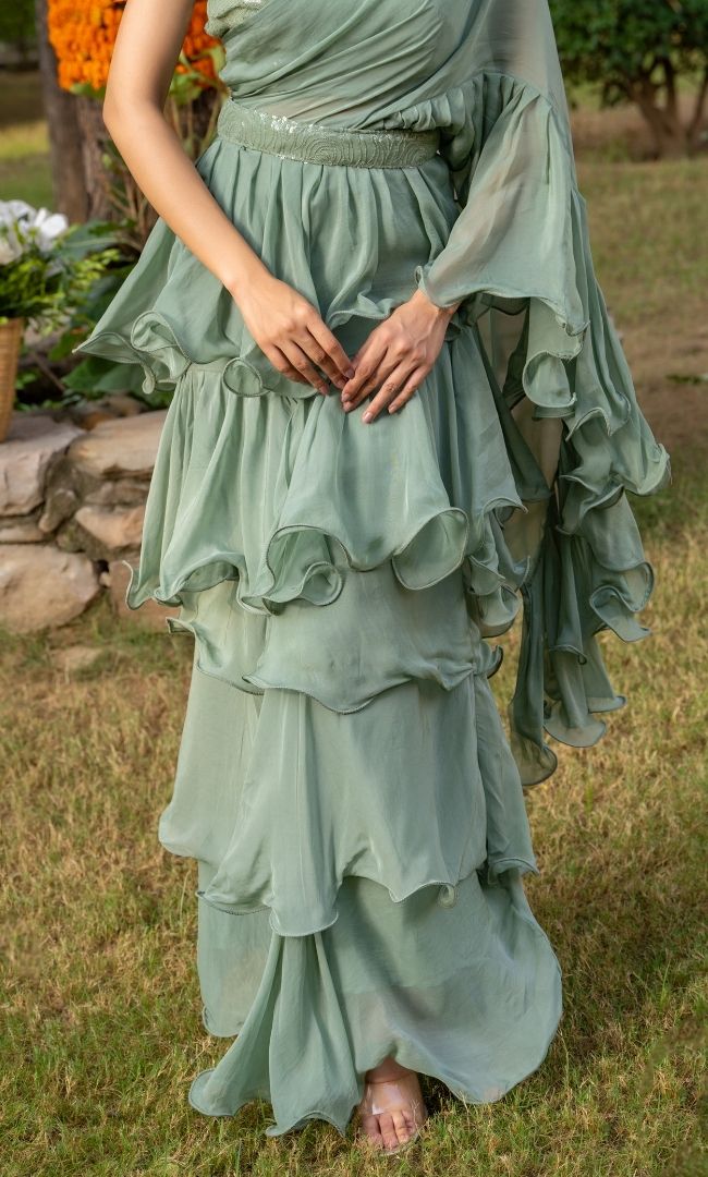 Sage Green Ruffle Saree