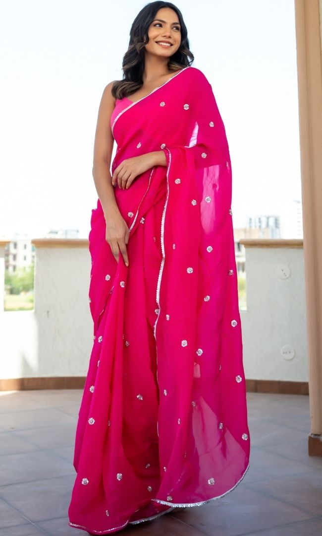 Hot Pink Cutdana Organza Saree