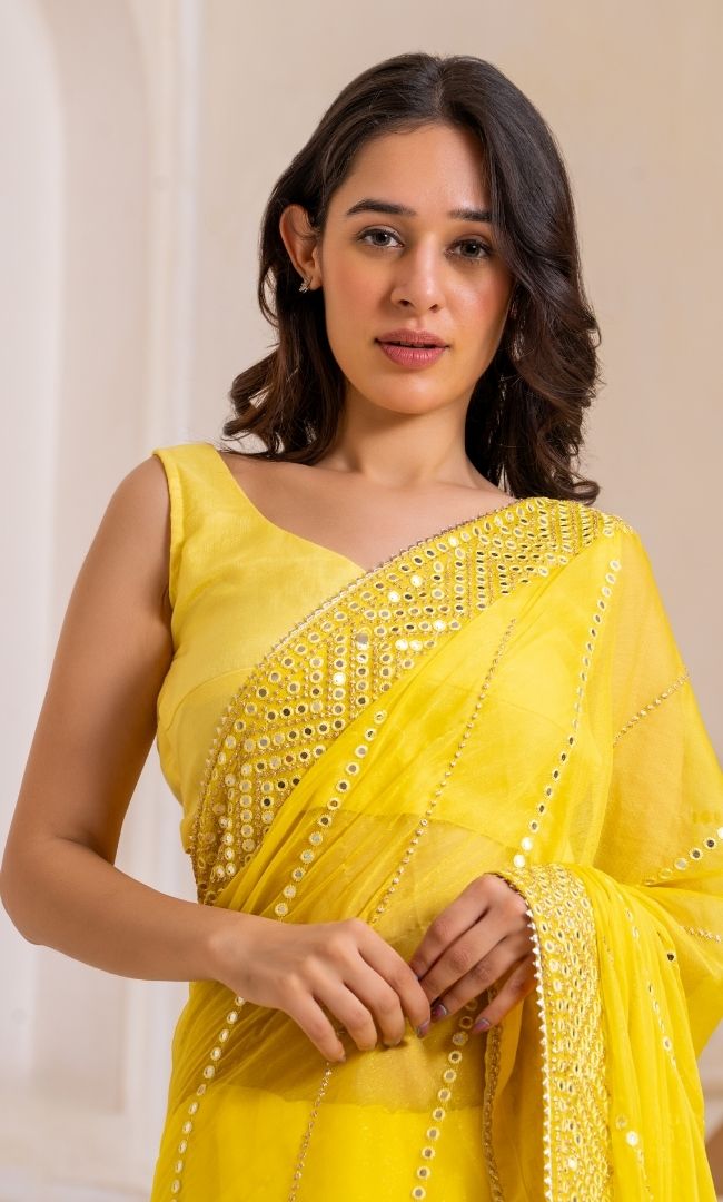Yellow Mirror Work Saree