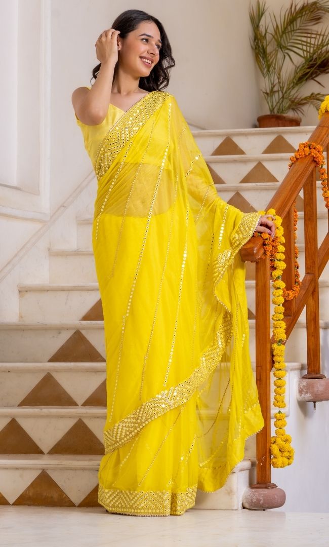 Yellow Mirror Work Saree