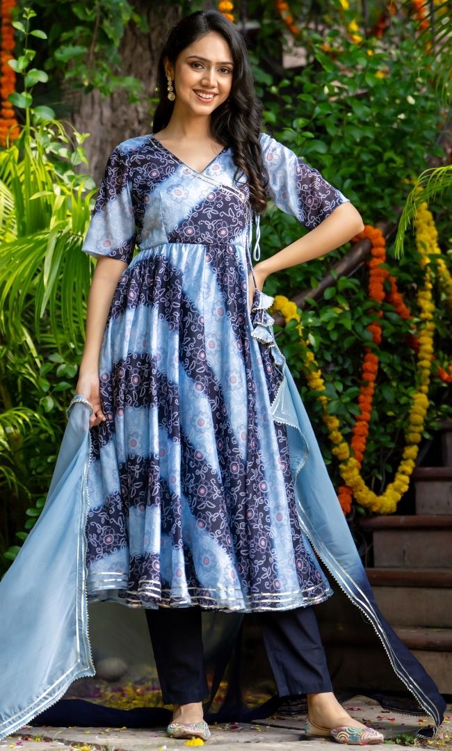 Lapis Blue Bandhej Anarkali Set