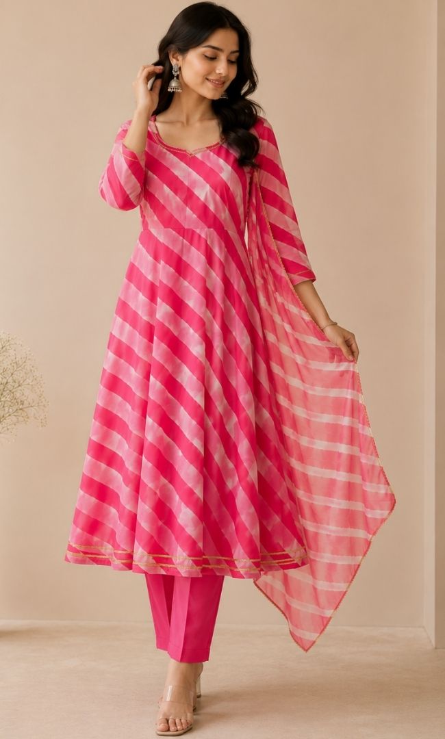 Pink Leheriya Anarkali Set
