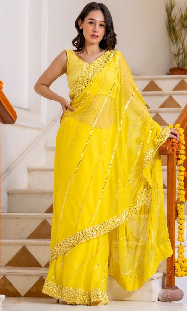 Yellow Mirror Work Saree