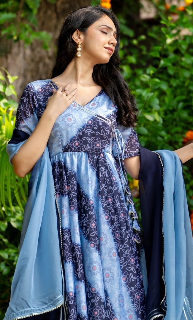 Lapis Blue Bandhej Anarkali Set