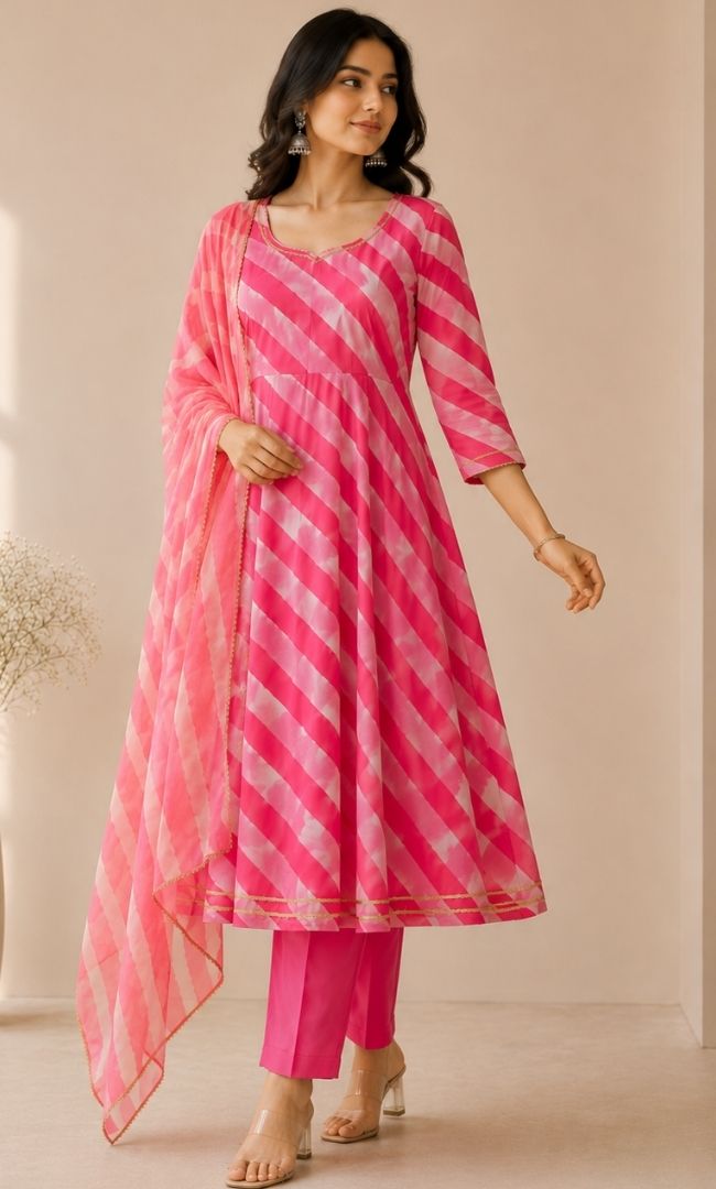 Pink Leheriya Anarkali Set