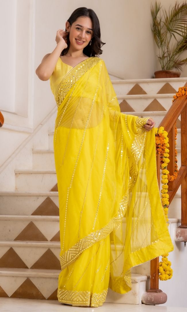 Yellow Mirror Work Saree