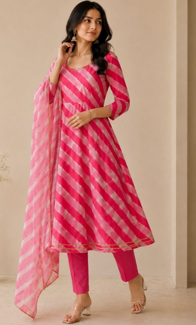 Pink Leheriya Anarkali Set