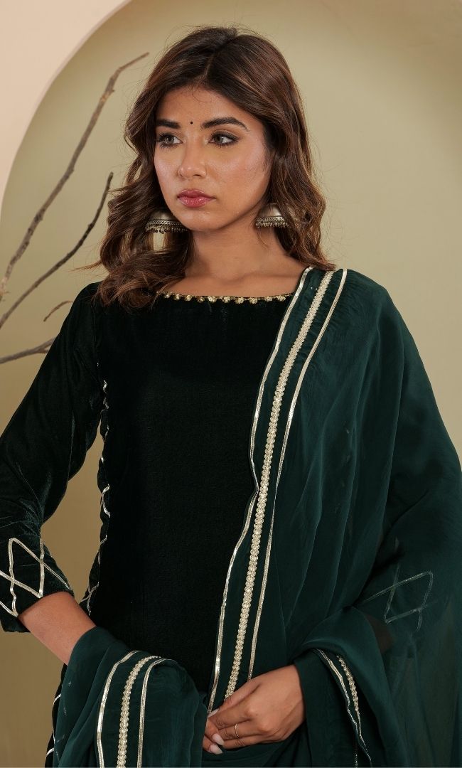 Basil Green Velvet Kurta Set