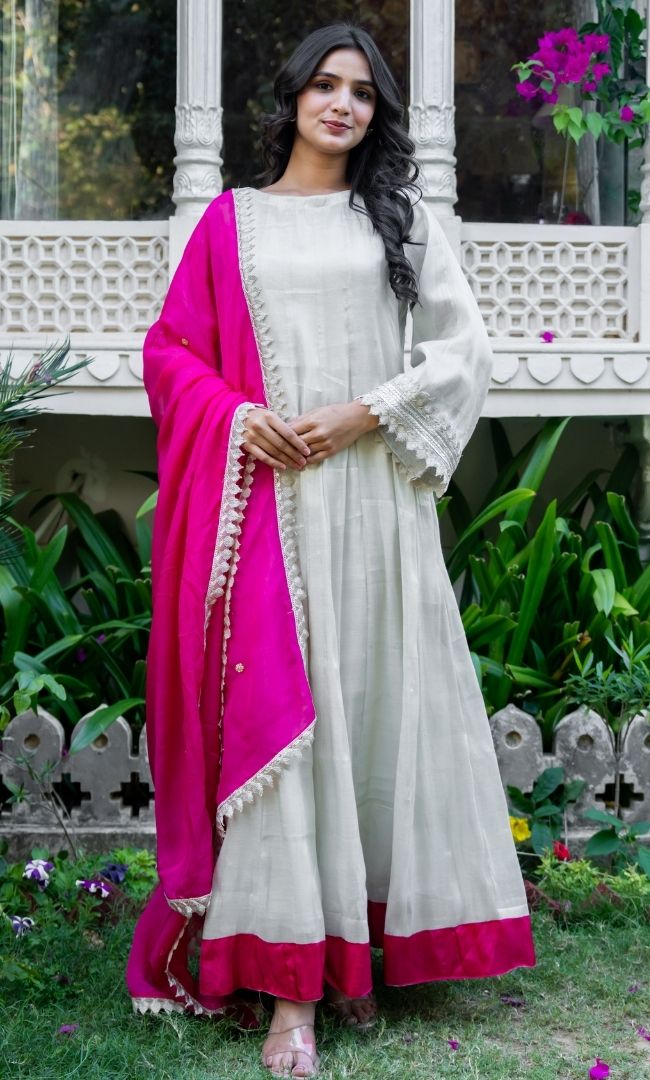 Fuchsia Ivory Tissue Anarkali Set
