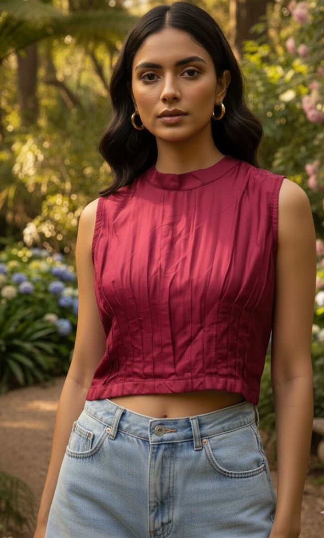 Ruby Gleam Satin Mock Neck Top