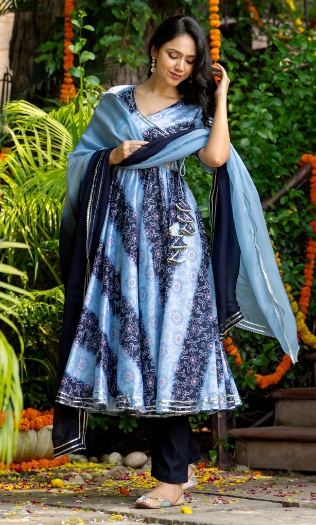 Lapis Blue Bandhej Anarkali Set