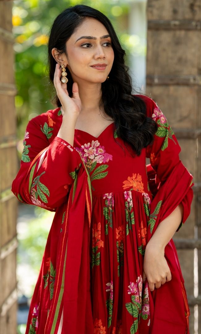 Crimson Blossom Anarkali Palazzo Set