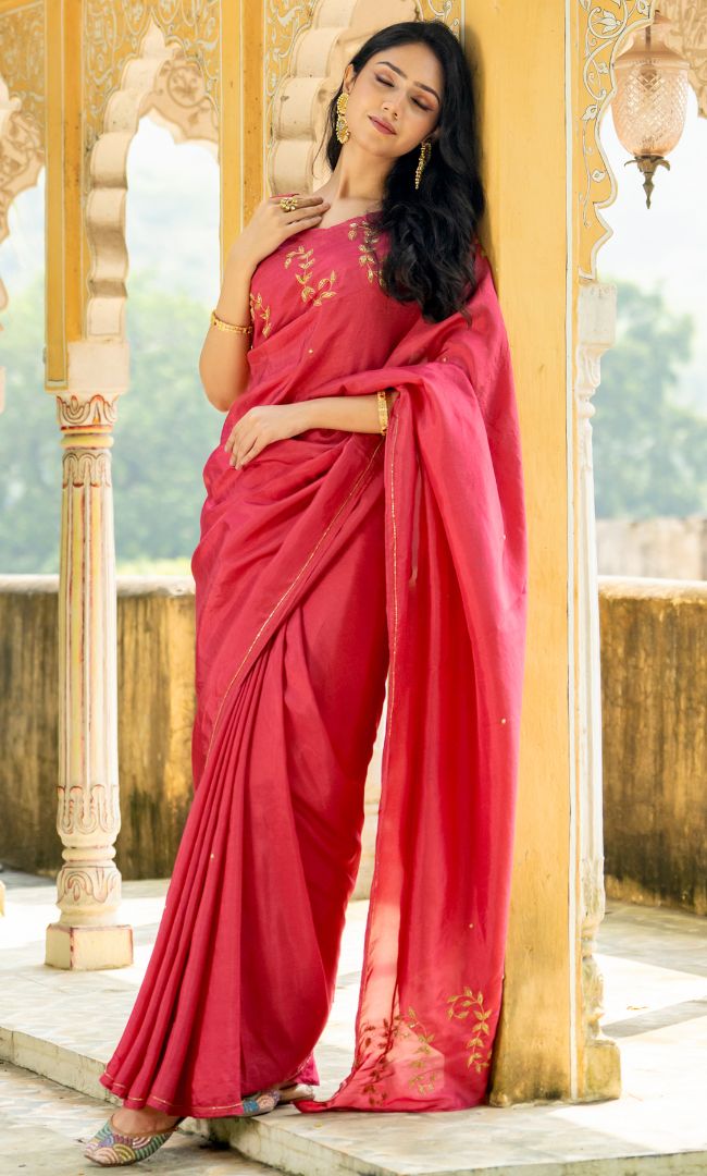 Brilliant rose aari work saree