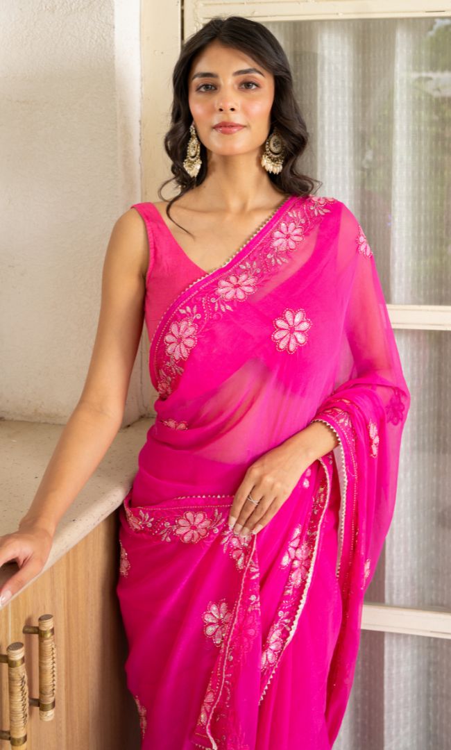 Glittering Pink Shimmer Saree