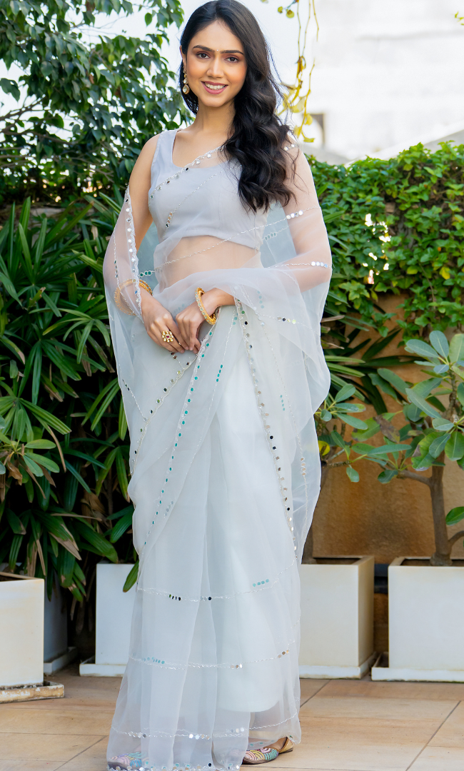 Grey Cutdana And Mirror Work Lines Saree