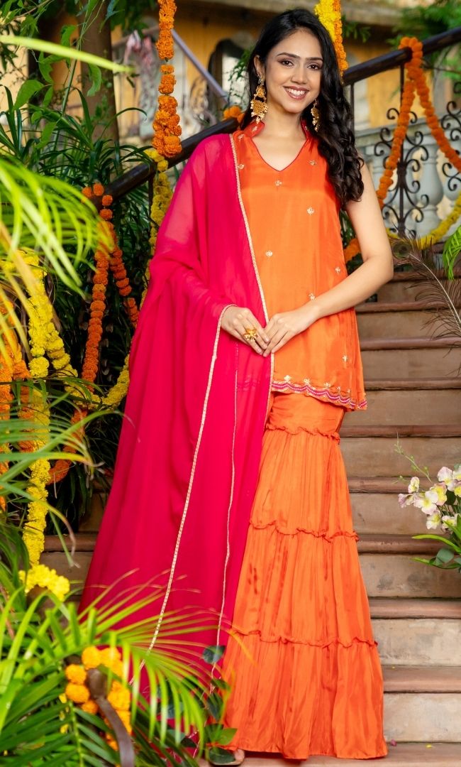 Sunset Orange Upada Silk Sharara Set