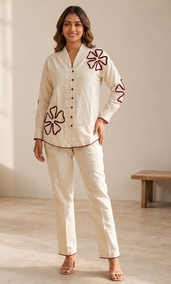 Ecru Maroon Linen Co-ord Set