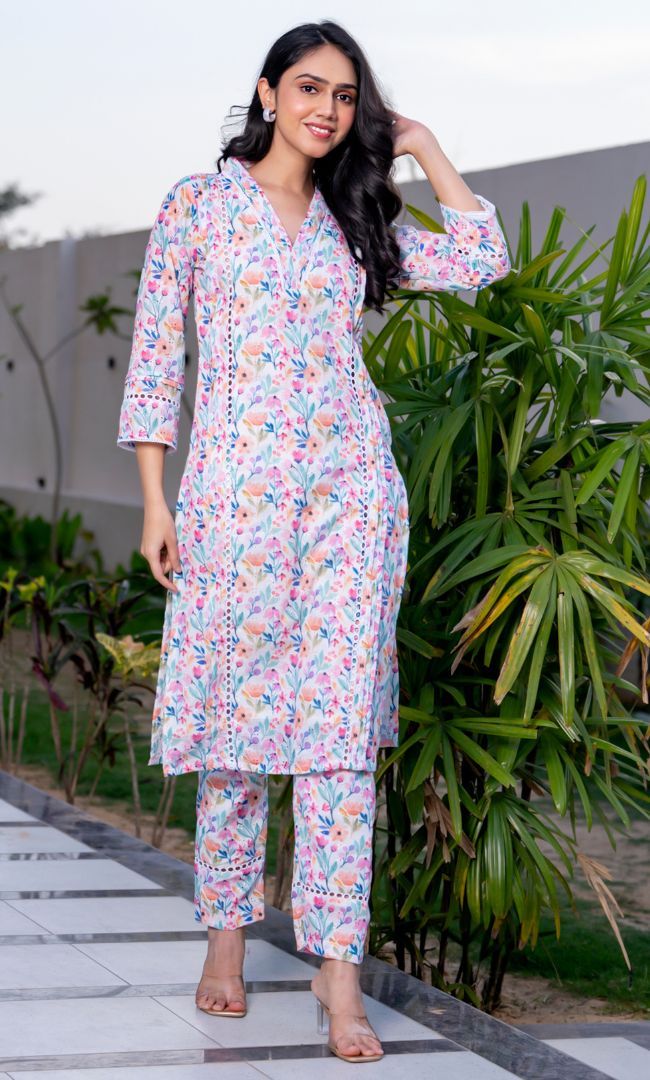 Pastel Floral Pintucks Kurta Set