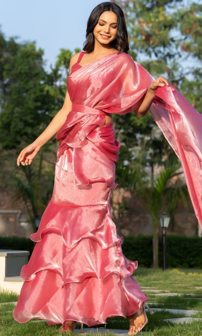 Carissma Pink Ruffle Saree