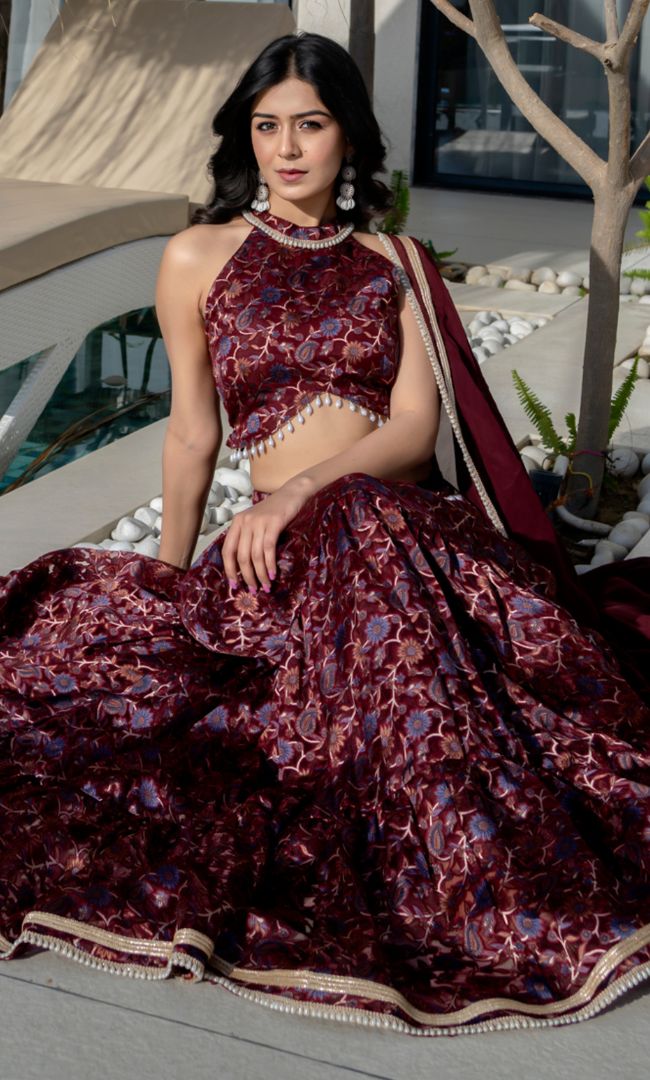 Maroon Halter Neck Lehenga