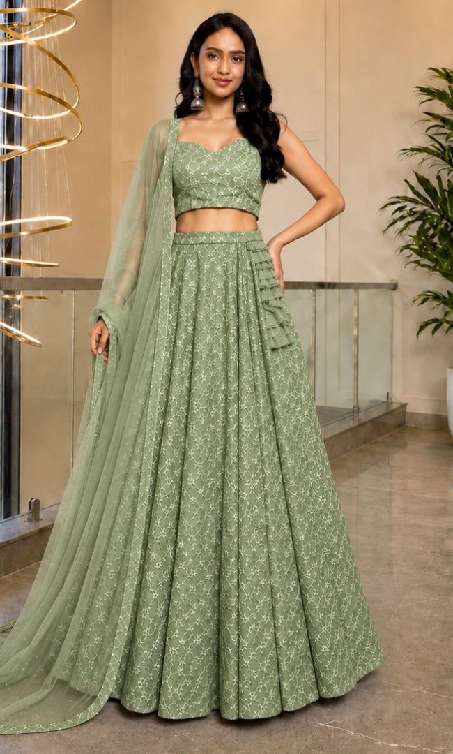 Herbal Green Jaal Embroidery Lehenga Set