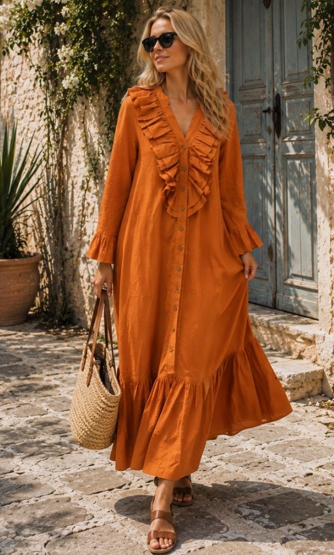 Burnt Orange Ruffle Maxi Dress